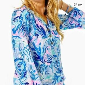 Lilly Pulitzer size XL silk Elsa top in Saltwater Blue Shade Seekers